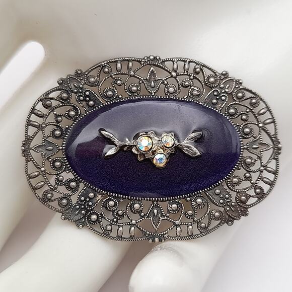 Vintage Catherine Popesco Art Deco Black Enamel AB Rhinestones Brooch - Picture 3 of 9